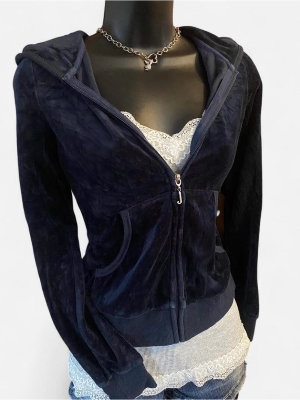 Y2k Juicy Couture Navy Blue Velour Zip Up Hoodie